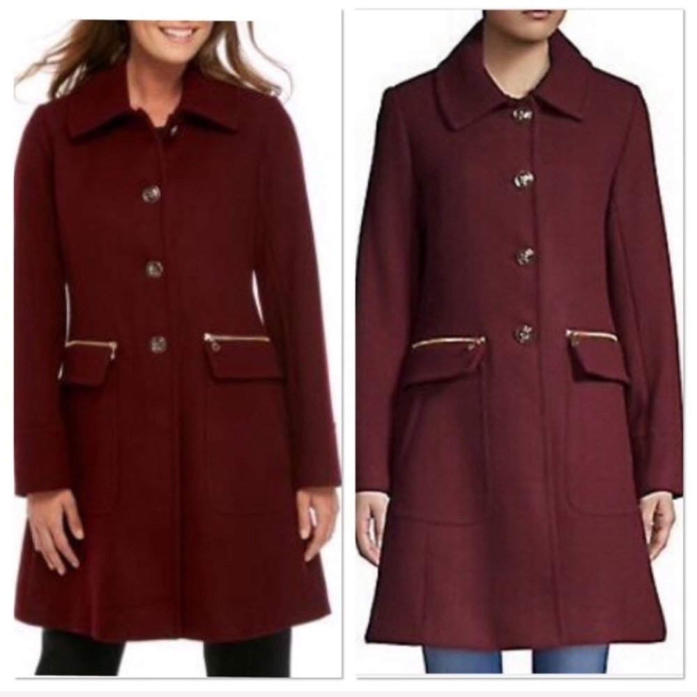 Trina Turk Hope oxblood gold tone button front fitted wool pea coat 10
